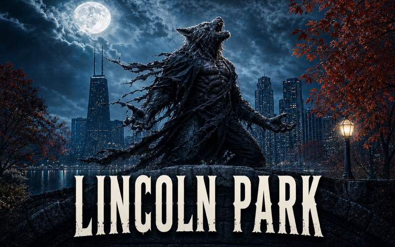Crawlloween Lincoln Park key art: a werewolf above the Lincoln Park lakefront and the Chicago skyline under a full moon