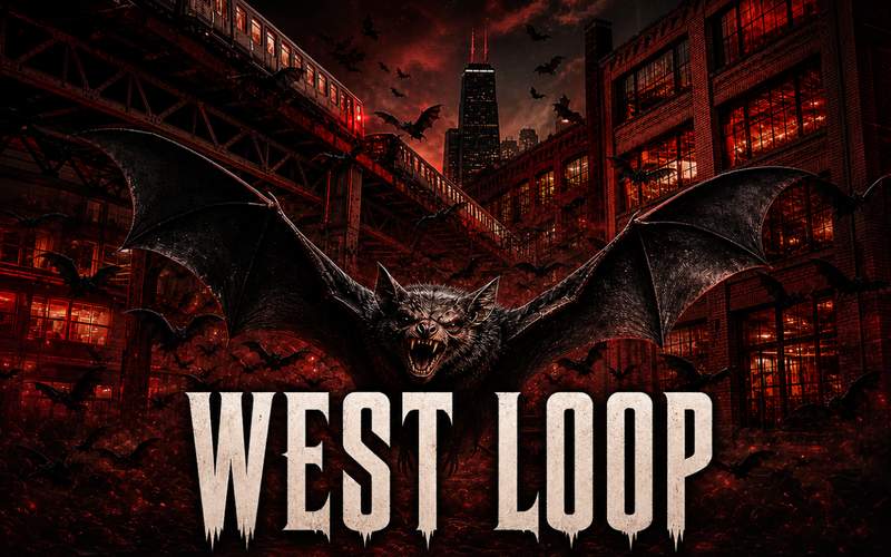 Crawlloween West Loop key art: a bat with outstretched wings over the West Loop rooftops and the L tracks at night